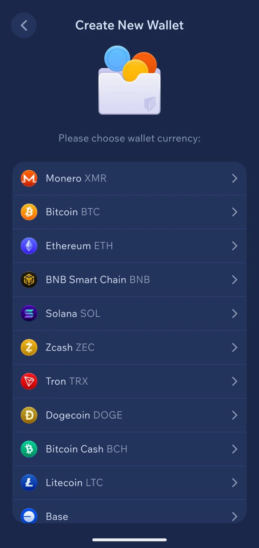 Bij het aanmaken van een nieuwe wallet kies je één munt uit een lijst — elke munt krijgt zijn eigen aparte wallet, niet één gecombineerde multi-coin-wallet