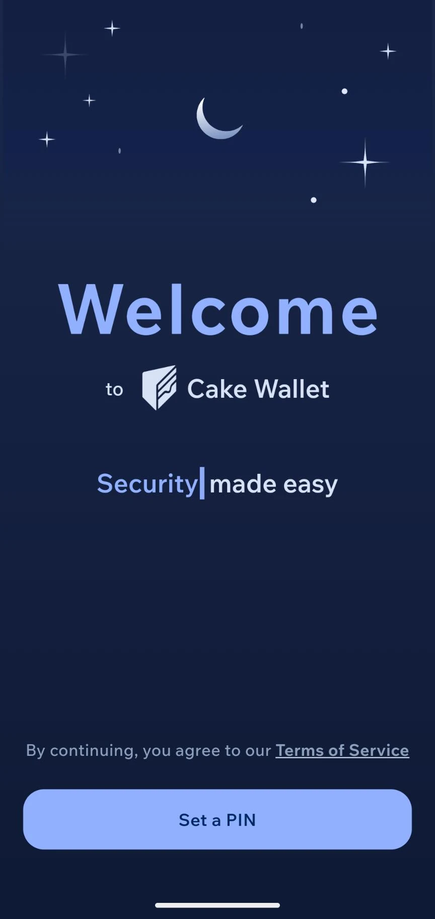 Het welkomstscherm van Cake Wallet bij eerste gebruik