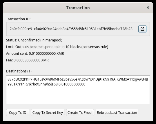 Transactiedetails in Feather: transactie-ID, status, bedrag en fee
