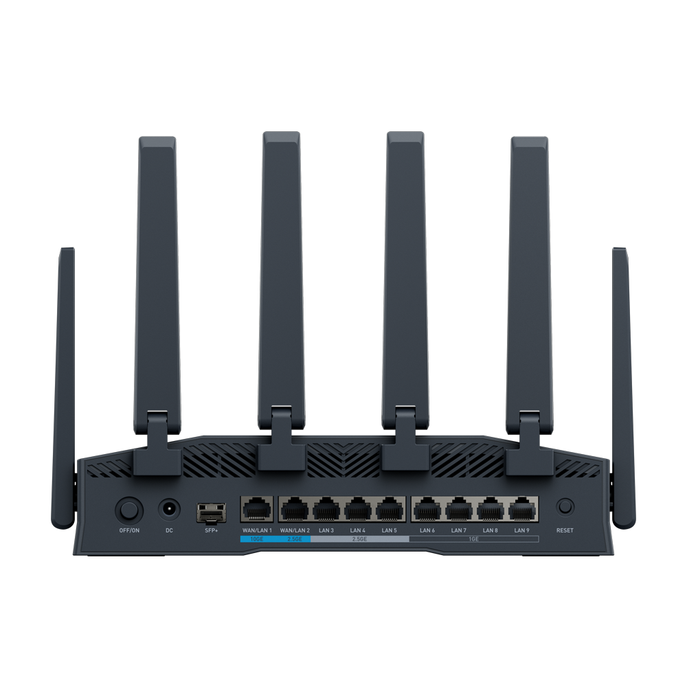 GL.iNet Flint 4 achterkant — poortindeling met SFP+, 10GbE, 2.5GbE en GbE poorten