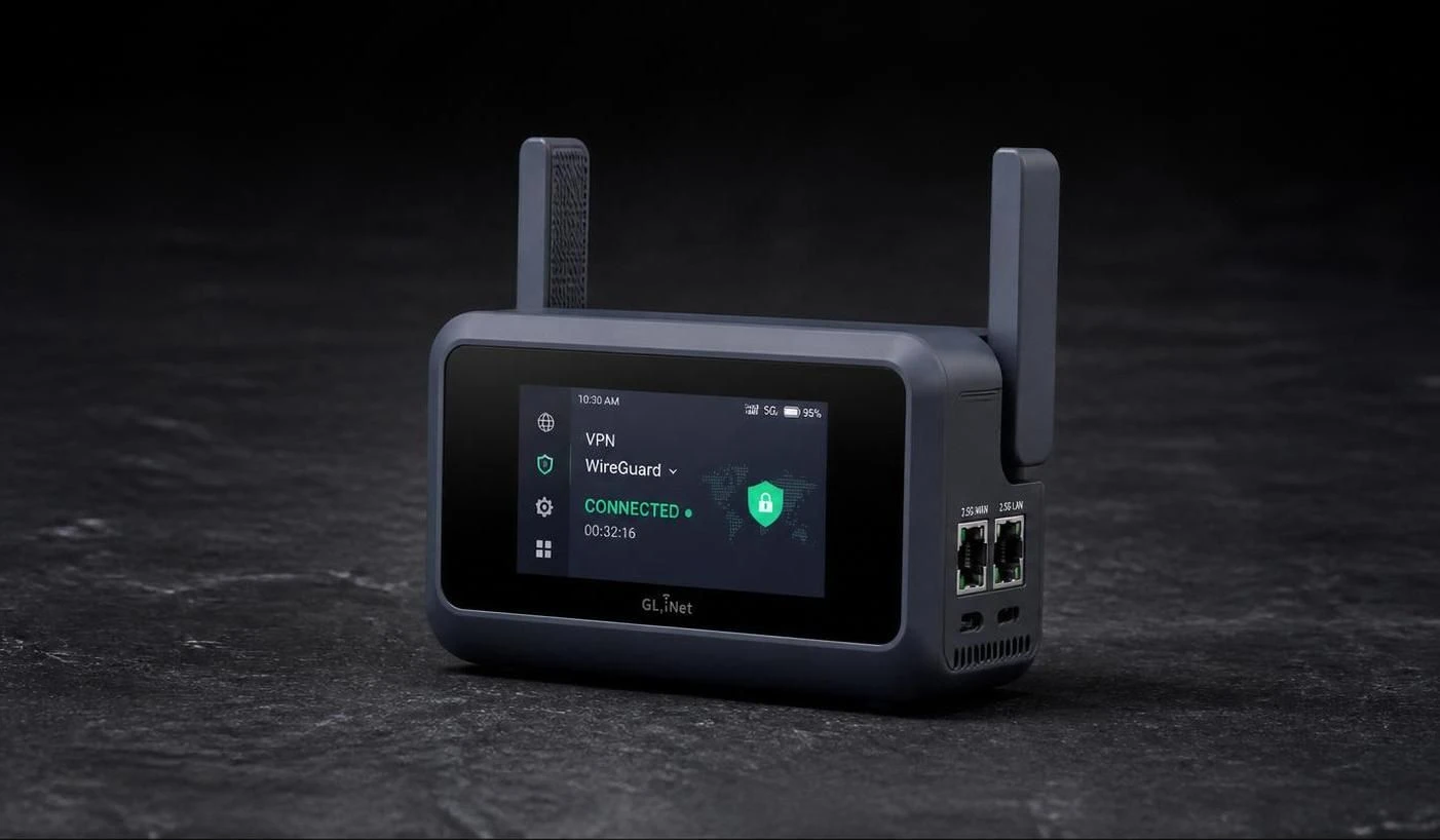 GL.iNet Slate 7 Pro vooraanzicht met de twee configureerbare 2.5G WAN/LAN-poorten