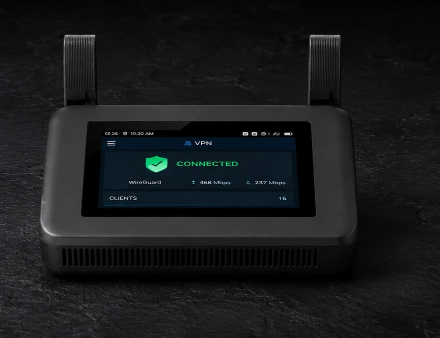 GL.iNet Slate 7 Pro bovenaanzicht met touchscreen, VPN-status en verbonden clients