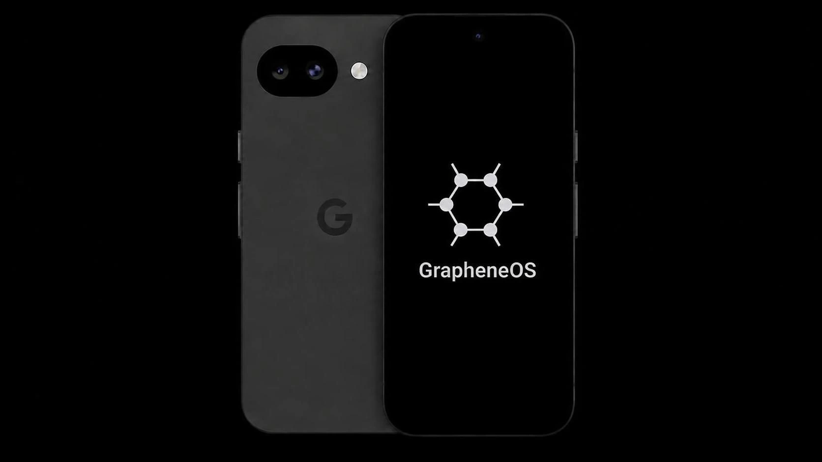 Pixel 10a met GrapheneOS: voor- en achterkant, scherm toont het GrapheneOS-opstartlogo