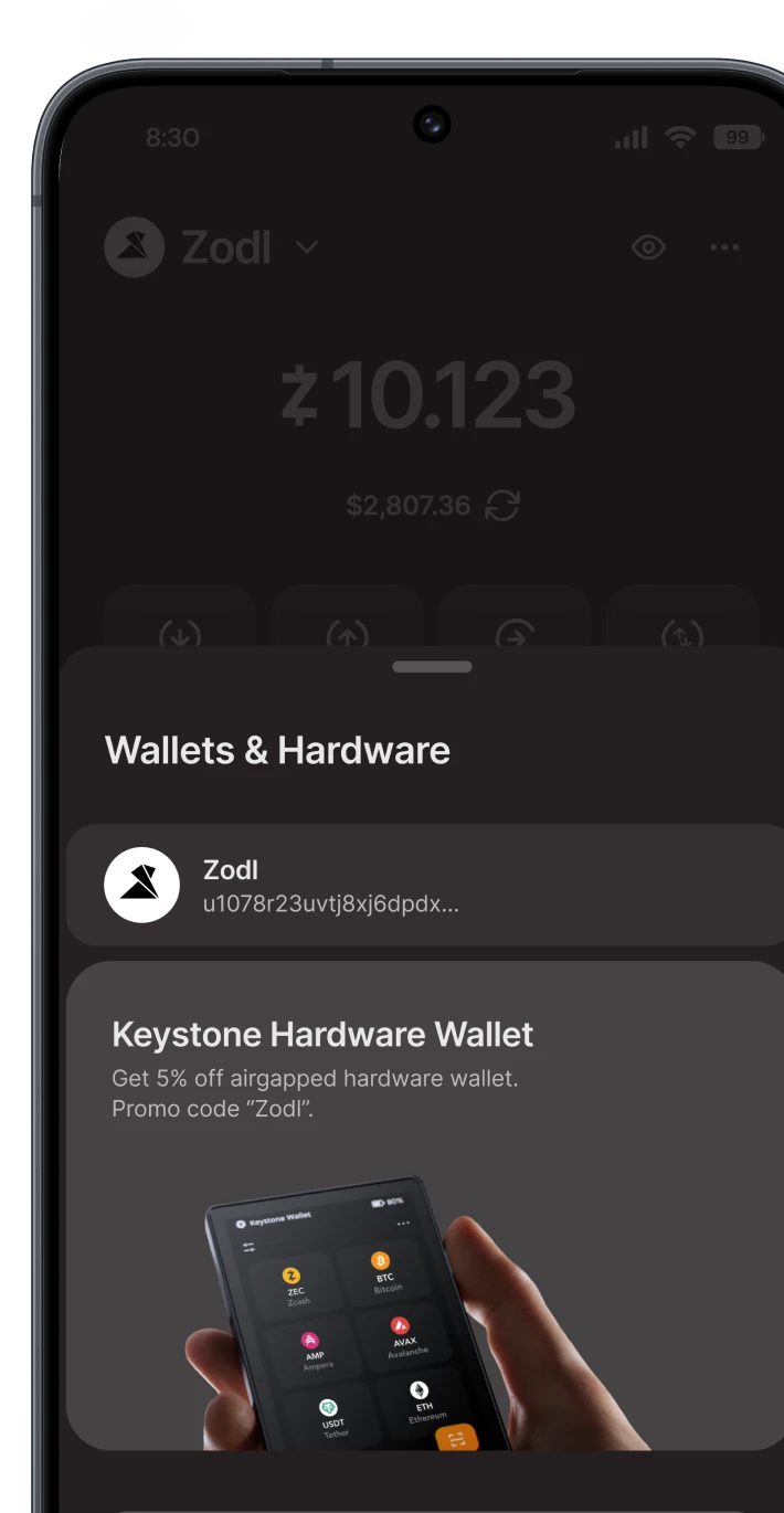 Het scherm om een Keystone hardware wallet te koppelen aan Zodl