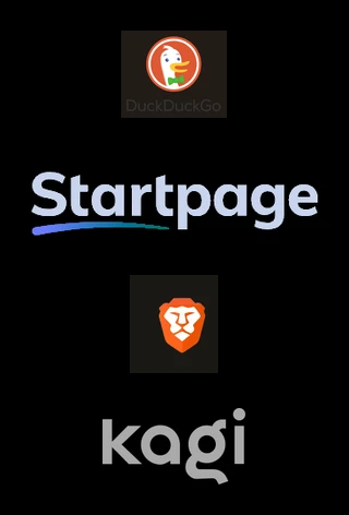 DuckDuckGo, Startpage, Brave Search en Kagi logo's